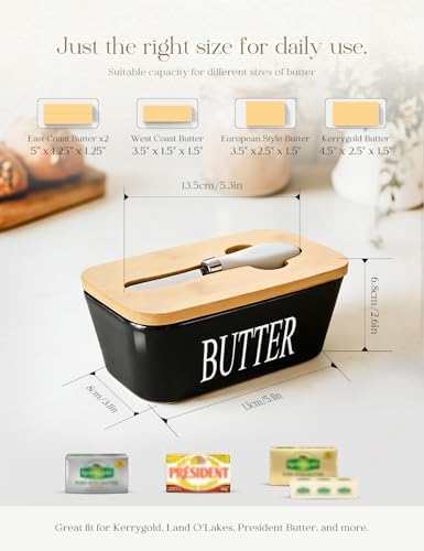Ceramic Butter Dish with Lid and Knife & Silicone Seal for Countertop Black - Image 2