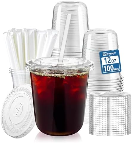 Homestockplus 100 Pack 12 oz BPA-Free Clear Plastic Cups with Lids and Straws - Leak-Proof Disposable Straw Cups, Iced Coffee Cups for Kids Drinks, Smoothies & To-Go Cold Beverages by Homestockplus