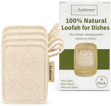 Natural Loofah Sponge – Plant-Based Loofah Sponges, Plastic-Free Biodegradable Organic Loofah Scrubber for Kitchen Cleaning, Dishes & Body Care, Natural Shower Sponge (4 Pack) by EcoGrove
