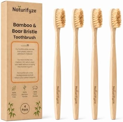 Boar Bristle & Bamboo Toothbrush (4 Pack) - Authentic Boar Bristles - Biodegradable - Plastic Free - Bamboo & Boar Bristle by Naturifyze