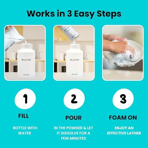 Eco Friendly Foaming Dish Soap Starter Set, Reusable Aluminum Soap Dispenser, 3 Zero Waste, Non Toxic, Concentrated Powder Refills Make 3x12oz (36 oz Total) of Foaming Dish Detergent (Unscented) - Image 3