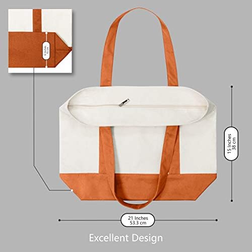 TOPDesign 1-Pack Canvas Tote Bag with an External Pocket, Reusable Grocery Shopping Bag, Top Zipper Closure, Daily Essentials (Orange/Natural) - Image 5