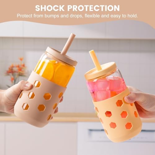 Mrsdry 16 oz Glass Cups with Lids and Straws for Gift, 4-Pack, Apricot - Image 6