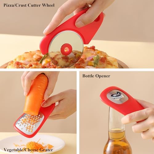 Kitchen Gadgets Set 6 Pieces, Space Saving Cooking Tools Kitchen Accessories-Garlic Grinder, Cheese Grater, Vegetable Peeler, Pizza Cutter, Herb Stripper, Bottle Opener, Gadgets Gift Set (Red) - Image 3