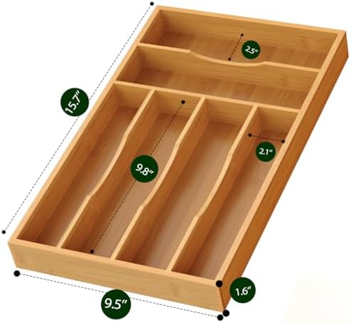 Bamboo Silverware Organizer, Bamboo Kitchen Drawer Cutlery Organizer, Utensil Holder, Flatware Organizer Tray (15.8"x9.5"x1.6") - Image 2