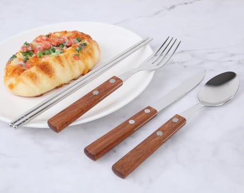 Travel Utensils with Case 4-Pack Wooden Handle Stainless Steel Reusable Travel Cutlery Set, Forks Spoons Knives Flatware Set for Camping, Picnic, Lunch Box for Men - Image 2