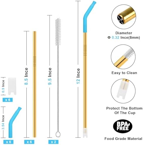Newly Upgraded 8.5In Reusable Stainless Steel Straws Set 6 PCS with12 Silicone Accessories, 2 Straw Brush, 1 Storage Case, BPA Free, Eco-Friendly Metal Straws for 14, 20, 30,40 oz Tumbler - Image 3