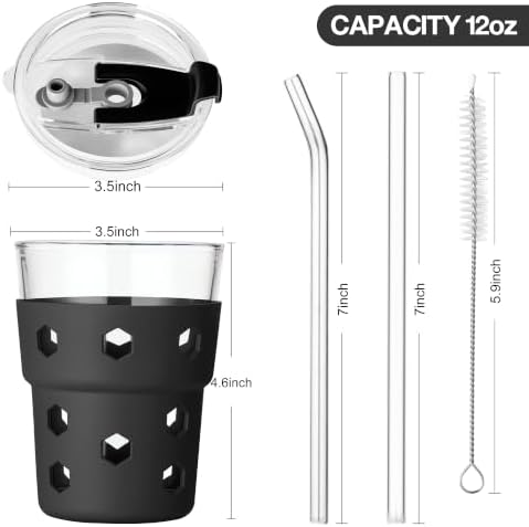 Mrsdry 12oz Iced Coffee Cup with Lids and Straws, BPA Free Reusable Glass Coffee Cups with Silicone Sleeves for Coffee, Iced tea, Thick Wall Glass Cup - Image 2