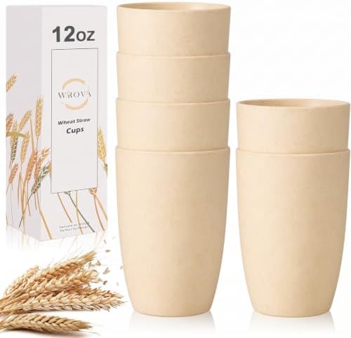 Wrova Wheat Straw Cups 6 PCS Good Alternative to Plastic Reusable Cups 12 oz Unbreakable Drinking Cup Reusable Dishwasher Safe Water Plastic Glasses Beige by WROVA