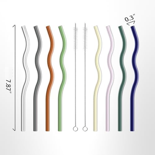 YUTRENN Reusable Glass Straws Sets of 8 Wavy Colorful Drinking Straw with 2 Cleaning Brushes, 8 inches 0.3" Thick Clear Straws High Borosilicate Glass Straw for Tumblers 10 Pack Gift Wrap - Image 2