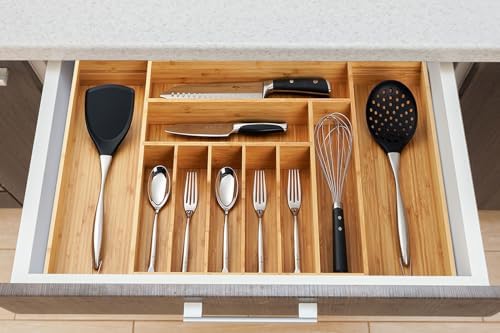 Umilife Extra Large Expandable Kitchen Siverware Utensils Drawer Organizer, 19" Deep for Big Drawer, Adjustable Bamboo Wood Drawer Divider with Curved Grooves, Cutlery Tray Flatware Holder - Image 6