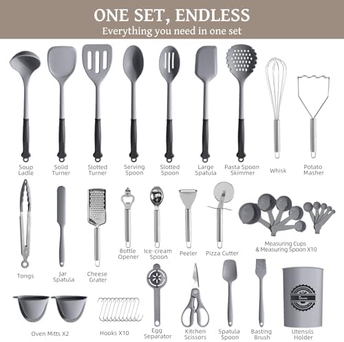 Kikcoin 43 PCS Silicone Kitchen Utensils Set, Dishwasher Safe Kitchen Cooking Utensils Set, 446°F Spatulas Silicone Heat Resistant, Non Toxic Silicone Utensils Set With Two-Tone Grip Handles, Gray - Image 2