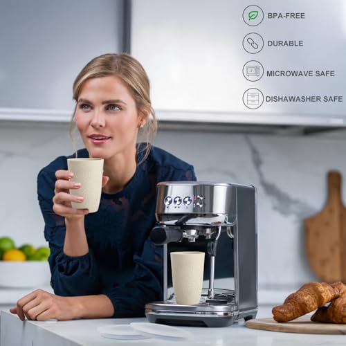 Wrova Wheat Straw Cups with Silicone Covers 16oz Set of 6 - Alternative Plastic Cups Microwave & Dishwasher Safe - Plastic Drinking Cups Unbreakable for Kids - Beige - Image 4
