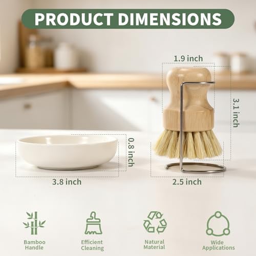 6 PCS Bamboo Dish Brush Set - Natural Scrub Brush for Dish with Tray and Drain Holder, Wooden Dish Scrubber for Kitchen Cleaning Dishes, Pots, Pans and Vegetables (6) - Image 2