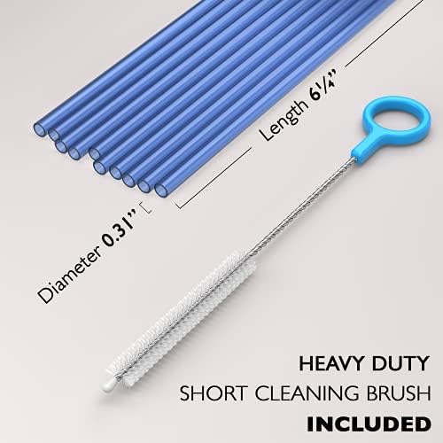 Fiesta First 10 Short Reusable Hard Blue Plastic Drinking Straws, Medium Width + Sturdy Cleaning Brush - for Cocktails, Small Cups, Kids Drinks - Dishwasher Safe BPA Free - Image 2