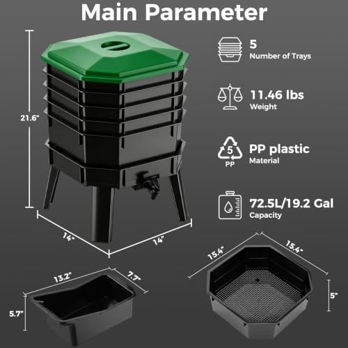 72.5L 5-Layer Stackable Worm Farm Compost Bin, Easy‑Setup Complete Worm Composter Kit, Indoor Outdoor Use for Kitchen Food Waste & Organic Compost Production - Image 4