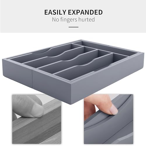 Expandable Bamboo Kitchen Drawer Organizer for Cutlery and Utensils, Adjustable Bamboo Wood Cutlery Tray in Drawer for Flatware and Silverware in Kitchen, (Grey) - Image 6
