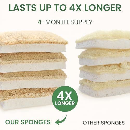 Natural Kitchen Sponges – Eco-Friendly, Compostable Dish Sponges – Loofah & Cellulose Scrubbers – Plastic-Free, Zero-Waste, Biodegradable – Durable, Non-Scratch – Pack of 4 - Image 5