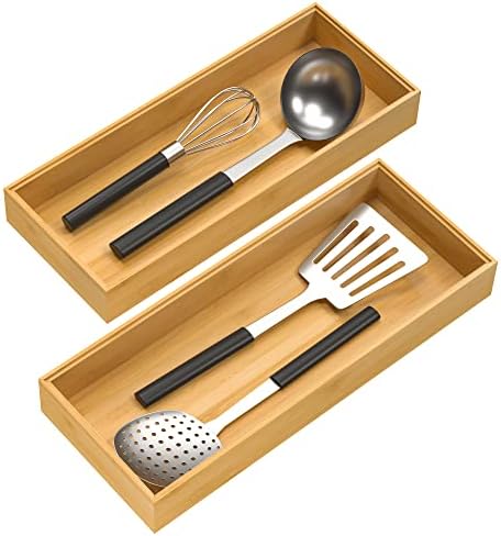 VeyFey Bamboo Drawer Organizer, Stackable Utensil Organizer for Kitchen, Bamboo Storage Box Wood Silverware Tray for Drawer 15" x 6" x 2" Set of 2 by VeyFey