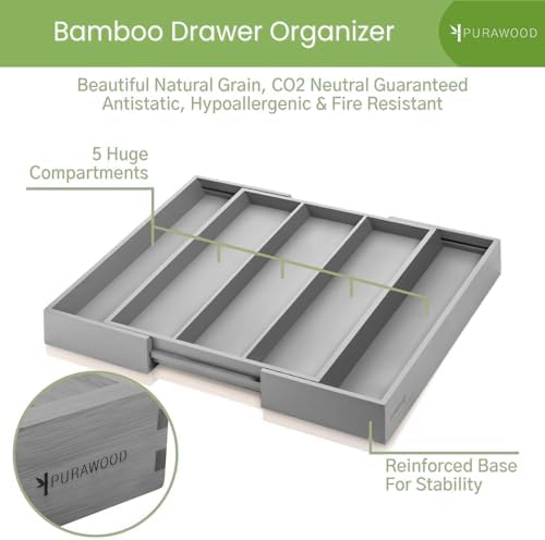 Purawood Kitchen Drawer Organizer - Expandable Utensil Drawer Organizer for Kitchen, Cutlery Tray & Silverware Organizer, 3-5 Slots - Bamboo Organizer for Utensils & Flatware (Grey) - Image 3