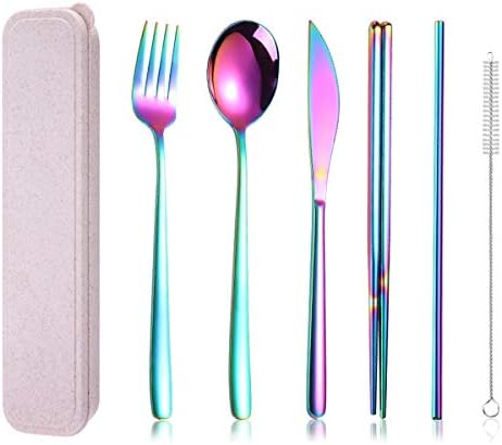 AARAINBOW 6 Pieces 18/8 Stainless Steel Flatware Set Portable Reusable Cutlery Set Travel Utensils Set Including Chopsticks Knife Fork Spoon Straws Cleaning Brush Dishwasher Safe (Multicolored) by AARAINBOW