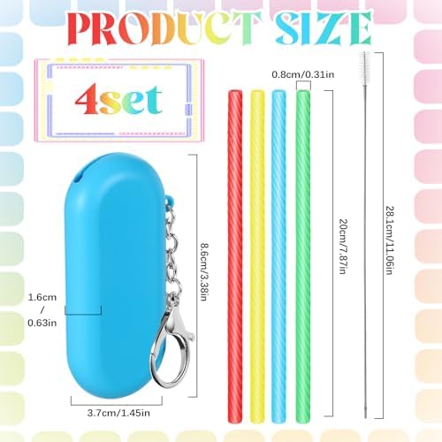 Meanplan 4 Sets Reusable Straws Travel Case Brush Silicone,Rainbow Colors - Image 2