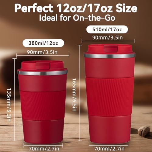 12OZ Travel Coffee Mug Insulated Coffee Cup with Spill Leak Proof Lid, Portable Stainless Steel Tumbler Reusable Hot and Cold Water Mug for Car, Daily, Camping- Red - Image 2