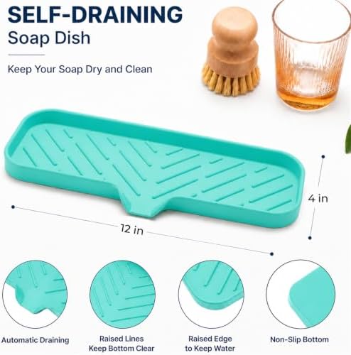 MicoYang Silicone Soap Dish with Drain Spout — Self-Draining Double Sink Organizer Tray for Kitchen & Bathroom, Dispensers, Sponges & Soap Holder, Non-Slip & Dishwasher Safe, Mint (Large, 12"×4") - Image 2