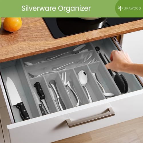Purawood Bamboo Drawer Organizer - Expandable Silverware Organizer & Utensil Organizer, Cutlery Tray with Dividers, 7-9 Slots - Premium Kitchen Drawer Organizer for Utensils & Flatware (Grey) - Image 4