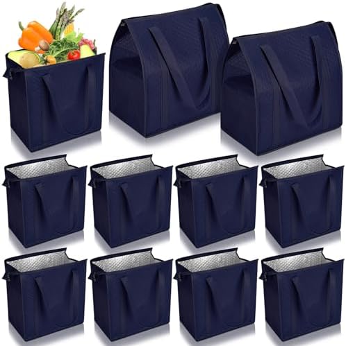 10 Pack 10 Pack Large Insulated Grocery Bag Zippered, Navy Blue by Locmeo