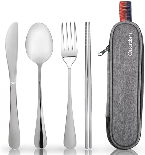 Travel Utensils with Case, Quatish Portable Silverware Set for Work, Stainless Steel Reusable Travel Cutlery, Fork and Spoon Set for Camping, Picnic, Gadgets, Lunch Box for Men, Christmas Gift, Silver by Quatish