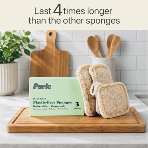 Purle Natural Kitchen Sponges, Eco-Friendly, Compostable Dish Sponges, Loofah & Cellulose Scrubbers, Plastic-Free, Zero-Waste, Biodegradable, Durable, Non-Scratch, Pack of 3 - Image 3