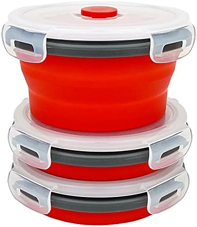 CCyanzi 3piece Round Collapsible Bowl with Lids, Silicone Food Storage Containers, Microwave & Freezer Safe, Space Saving for Kitchen Cabinet and Camping Backpack,(Red Gray) by CCyanzi