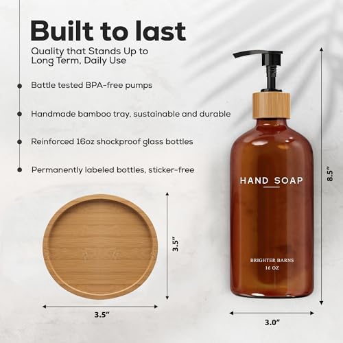 Amber Glass Hand Soap Dispenser Bathroom Set by Brighter Barns - Hand Soap Dispenser for Kitchen Sink & Bathroom - Bamboo Glass Bottle with Tray - Modern Home Decor for Spa, RV, Fitness Center (Amber) - Image 3