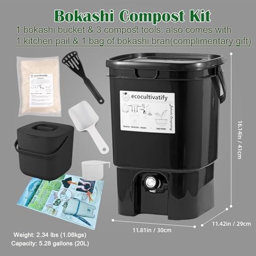 20L Bokashi Compost Bin, 5.28 Gallon Compost Bin for Kitchen Composter with Lid, Bokashi Start Kit with Bran (Tan & Dark Green) (20L/5.28GAL Black) - Image 2