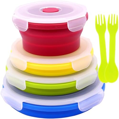 Set of 4 Collapsible Silicone Food Storage Containers With Lids, Round Collapsible Bowls For Kitchen, Microwave, Dishwasher and Freezer Safe, Foldable Meal Prep Bento Lunch Box, BPA Free by FUSMYE