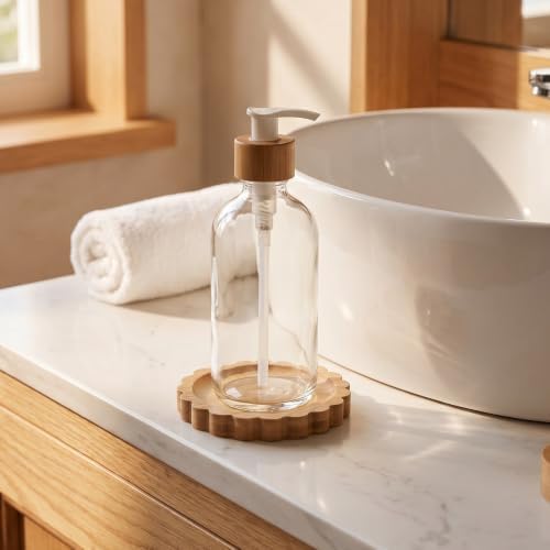 Scalloped Bamboo Soap Dispenser Tray Bathroom Rustic Decor Bamboo Countertop Tray Scalloped Soap Dish Jewelry Holder Vanity Bathtub Organizer for Bathroom Kitchen Home Decor(3.5'',Round) - Image 3