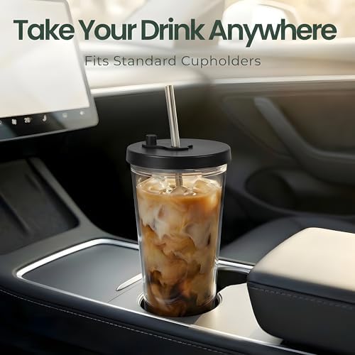 Reusable Iced Coffee Cup with Lid and Straw, 16 oz/Grande, BPA-Free Double-Wall Insulated Plastic Tumbler for Cold Drinks, Includes Clear Plastic Straw, Stainless Steel Straw and Cleaning Brush, Black - Image 4