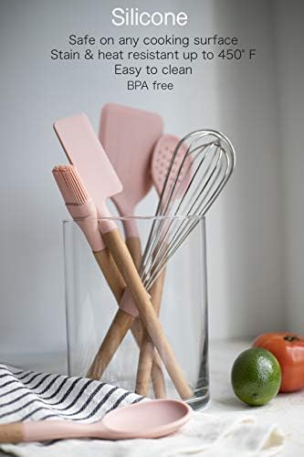 Country Kitchen Non Stick Silicone Utensil Set with Rounded Wood Handles for Cooking and Baking, 6 Piece Set, Pink - Image 3