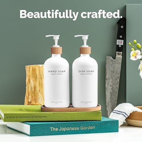 Vine Creations White Glass Soap Dispenser Set, Hand Soap and Dish Soap Dispenser Set with Bamboo Tray, 16 oz Glass Dispensers Bottle for Kitchen and Bathroom Decor Modern Boho with Bamboo Pump (White) - Image 2