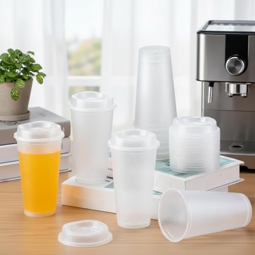 Honeydak 45 Pack 16 oz Reusable Coffee Cups with Lids Water Bottle Iced Coffee Travel Mug Reusable Portable Plastic Tea Tumblers Bulk for Hot and Cold Drinks Birthdays Party(Stylish,Clear) - Image 2