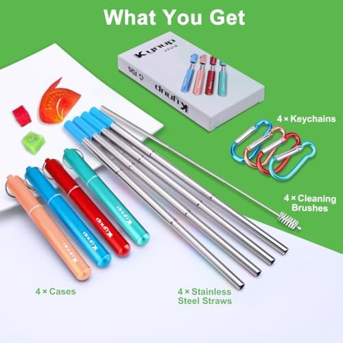 Kynup 4Packs Reusable Straws, Metal Straw with Silicon, Travel Drinking Straws with Case, Keychain, Cleaning Brushes, Silicon Pcs Perfect for Travel, Gifts (20 PCS) Blue-Rose Gold-Red-Turquoise - Image 2