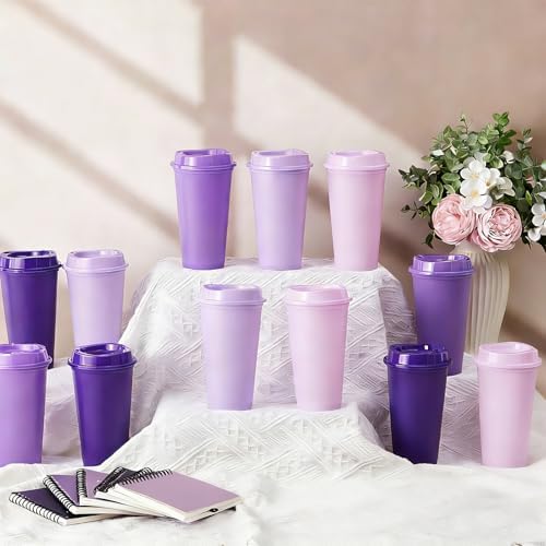 FillTouch 12 Pcs 16 oz Reusable Coffee Cups with Lids, Purple Gradient - Image 4