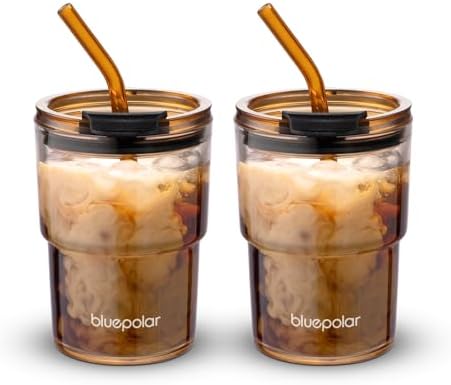 BLUEPOLAR 13oz/400ml Glass Water Tumbler with Straw and Lid Sealed Carry On Thick Wall Iced Coffee Cup Glass Cup for Water, Iced Tea Fruit Juice Etc (Amber-2 Pack) by BLUEPOLAR