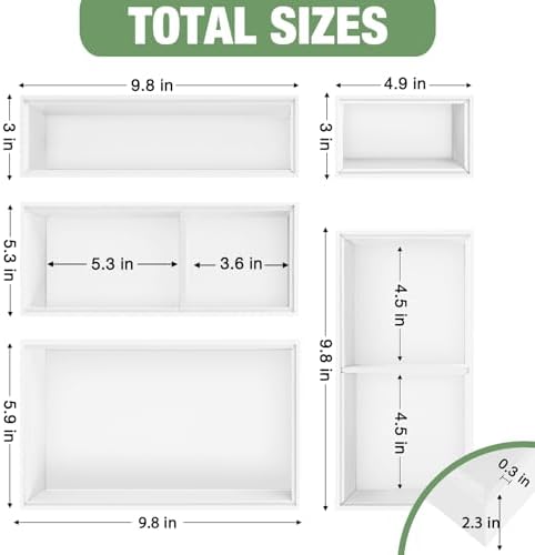 Bamboo Drawer Organizer,5 PCS White Bathroom Tray&Desk Organizers and Storage,Cabinet Divider With Removable Silverware Organization for Kitchen,Utensils,Junk,Office,Makeup - Image 2