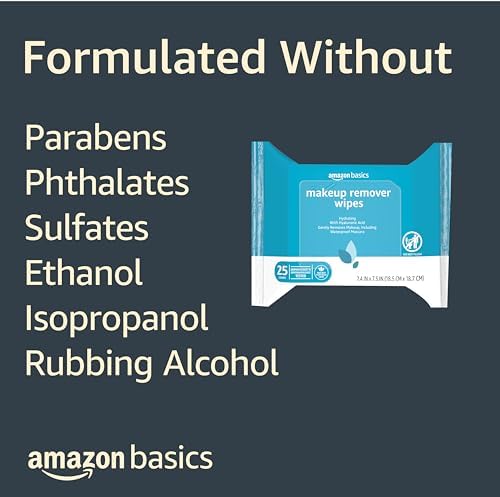 Amazon Basics Makeup Remover Wipes, Gentle Cleansing, Dermatologist Tested, Hydrating with Hyaluronic Acid, Plant Based, Alcohol-Free, Removes Waterproof Mascara, Facial Cleansing, 25 Count - Image 4