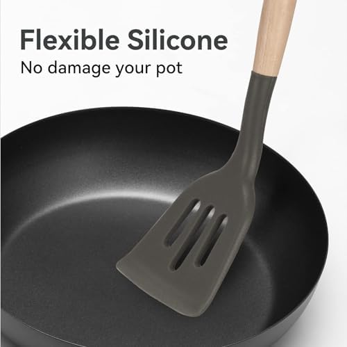 Non-Stick Silicone Cooking Utensils Set, 5 Pcs with Wooden Handle, Heat Resistant Silicone Kitchen Gadgets (Gray) - Image 4