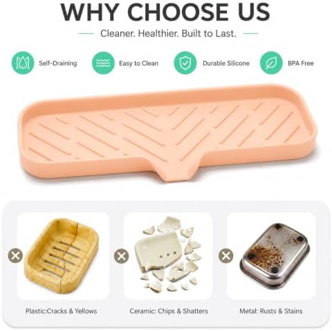 MicoYang Silicone Soap Dish with Drain Spout — Self-Draining Double Sink Organizer Tray for Kitchen & Bathroom, Dispensers, Sponges & Soap Holder, Non-Slip & Dishwasher Safe, Pink (Large, 12"×4") - Image 3