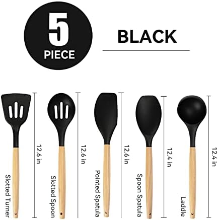 Non-Stick Silicone Cooking Utensils Set, 5 Pcs with Wooden Handle, Heat Resistant Silicone Kitchen Gadgets (Black) - Image 3