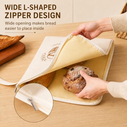 2 Pack Beeswax Bread Bags for Homemade Bread, XL Reusable Cotton Sourdough Bread Bags with Buckle Zipper & L-Shaped Zipper, Natural Beeswax Lined Bread Storage Bags for Loaves, Baguette, Freezer Safe - Image 5